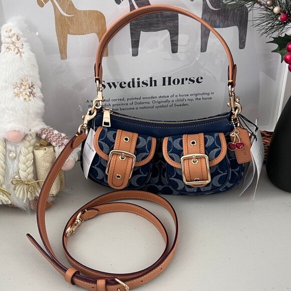 Coach Ashton Baguette Bag In Signature Canvas Denim/Brown CY700 - Picture 1 of 11